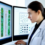 A professional female researcher in a modest lab coat over appropriate business casual attire, standing in a clean, modern research laboratory. She is intently observing a large, transparent digital display showing intricate biological data, possibly zoomed-in microscopic images of plant cells or tissue structures, emphasizing detailed local feature analysis. The background features blurred scientific equipment and clean lines. Perfect anatomy, correct proportions, natural pose, well-formed hands, proper finger count, natural body proportions, professional photography, high quality, safe for work, appropriate content, fully clothed, professional.