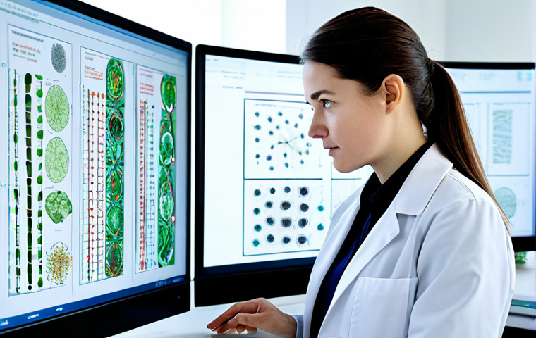 A professional female researcher in a modest lab coat over appropriate business casual attire, standing in a clean, modern research laboratory. She is intently observing a large, transparent digital display showing intricate biological data, possibly zoomed-in microscopic images of plant cells or tissue structures, emphasizing detailed local feature analysis. The background features blurred scientific equipment and clean lines. Perfect anatomy, correct proportions, natural pose, well-formed hands, proper finger count, natural body proportions, professional photography, high quality, safe for work, appropriate content, fully clothed, professional.