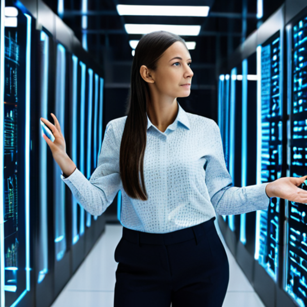 A professional female AI researcher, in a modest business shirt and trousers, standing confidently in a sleek, futuristic data center. Abstract, glowing neural network patterns flow around her, symbolizing the 'memory' and recurrent data processing of RNNs. She gestures towards a transparent holographic display showing complex data streams. The environment is clean, well-lit, and high-tech. Safe for work, appropriate content, fully clothed, professional dress, perfect anatomy, correct proportions, natural pose, well-formed hands, proper finger count, natural body proportions, high-quality, professional photography.