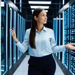 A professional female AI researcher, in a modest business shirt and trousers, standing confidently in a sleek, futuristic data center. Abstract, glowing neural network patterns flow around her, symbolizing the 'memory' and recurrent data processing of RNNs. She gestures towards a transparent holographic display showing complex data streams. The environment is clean, well-lit, and high-tech. Safe for work, appropriate content, fully clothed, professional dress, perfect anatomy, correct proportions, natural pose, well-formed hands, proper finger count, natural body proportions, high-quality, professional photography.