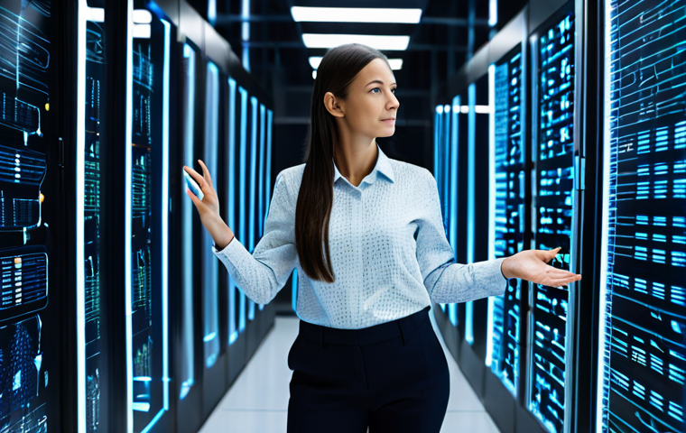 A professional female AI researcher, in a modest business shirt and trousers, standing confidently in a sleek, futuristic data center. Abstract, glowing neural network patterns flow around her, symbolizing the 'memory' and recurrent data processing of RNNs. She gestures towards a transparent holographic display showing complex data streams. The environment is clean, well-lit, and high-tech. Safe for work, appropriate content, fully clothed, professional dress, perfect anatomy, correct proportions, natural pose, well-formed hands, proper finger count, natural body proportions, high-quality, professional photography.